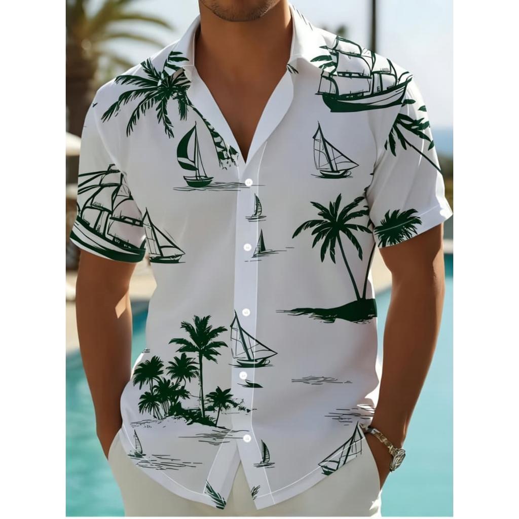 Men's Hawaiian Style Nautical Short Sleeve Shirt - Palm Tree & Sailboat Print Top For Vacation & Beach Outfits