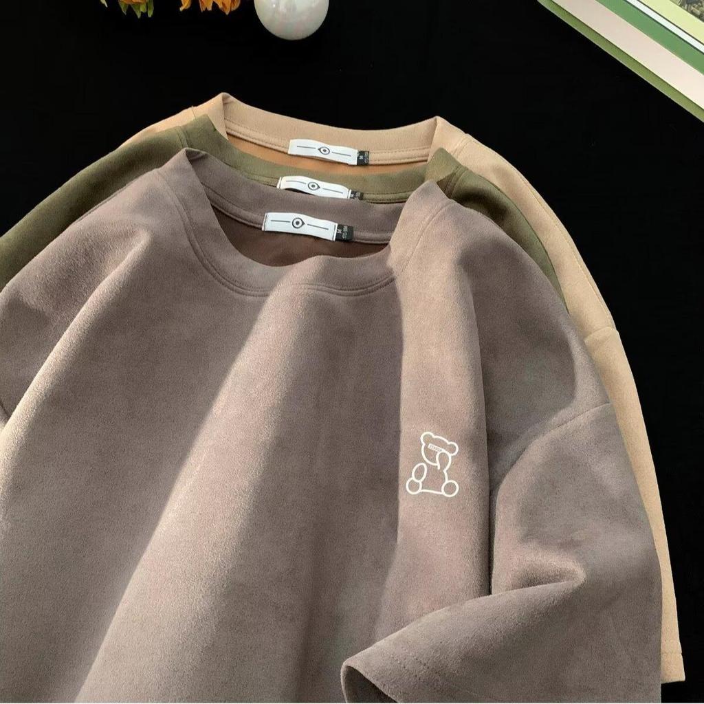 American Retro Men's Oversized Suede Short Sleeve T-Shirt - Trendy Summer Fashion, Small Collar, 5-Point Sleeve, 220g Heavyweight.