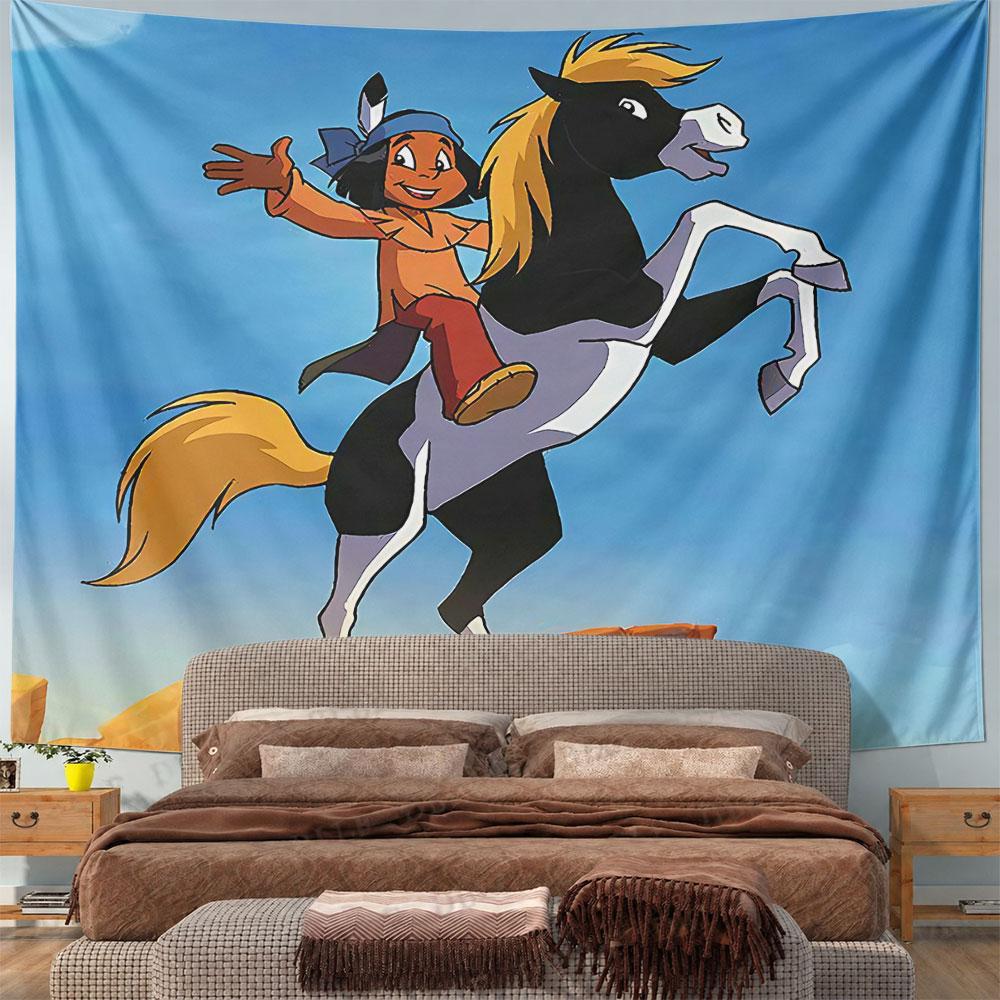 Native American Boy Horse Tapestry Wall Hanging Western Adventure Decor for Bedroom Living Room Kids Room Unique Gift