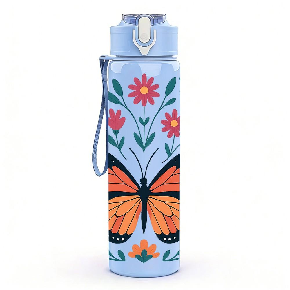 1PC Colorful Butterfly Floral Pattern 750ml Color Plastic Sports Water Bottle Leakproof Flip Straw Lid Suitable for Sports Office Home Use