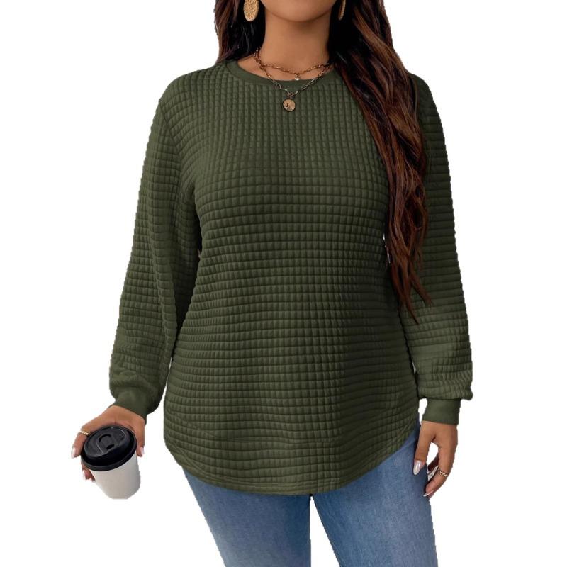 Women Fashion Casual Loose Plaid Solid Long Sleeve Pullover Sweatshirt