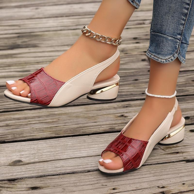 Ladies' Casual Open Toe Sandals with Contrasting Plaid Design and Thick Heel
