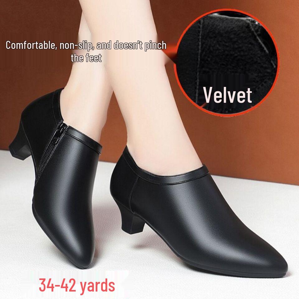Women's Black Genuine Leather Fleece-Lined Work Shoes - Soft Sole, Wear-Resistant, Low Heel for Autumn/Winter