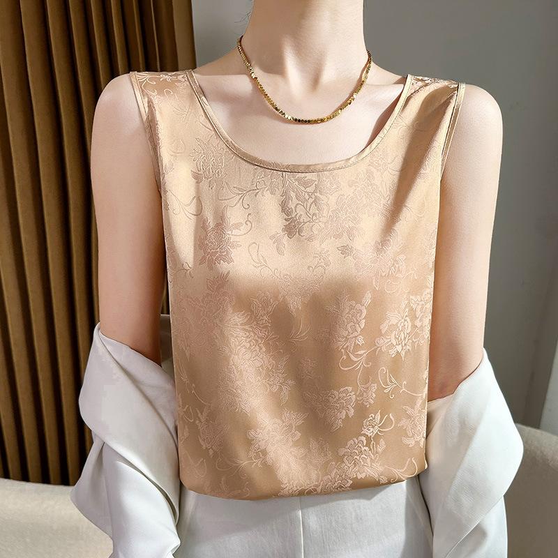 Acetate Satin Round Neck Printed Vest for Women In Summer Simple Smooth and Versatile Sleeveless Suspender Soft and Comfortable Top