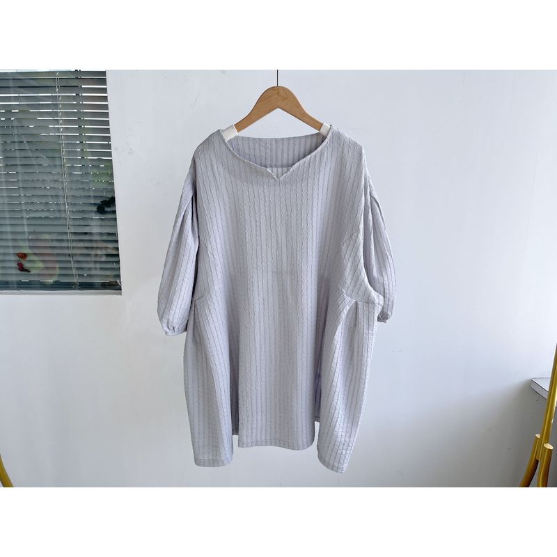 

Slight Flaw Solid Sunken Stripe Short sleeve T-shirt Summer New Loose Comfortable and Versatile Slimming V-neck Bottoming Shirt Top Yhs2 Gray M