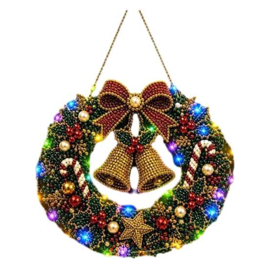 Handgefertigter festlicher Heimdekorations-Weihnachts-Diamantmalerei-Kranz-Bausatz mit LED-Lichterkette, Schneemann-Perlenkunst beleuchtete Türdekoration für Erwachsene,