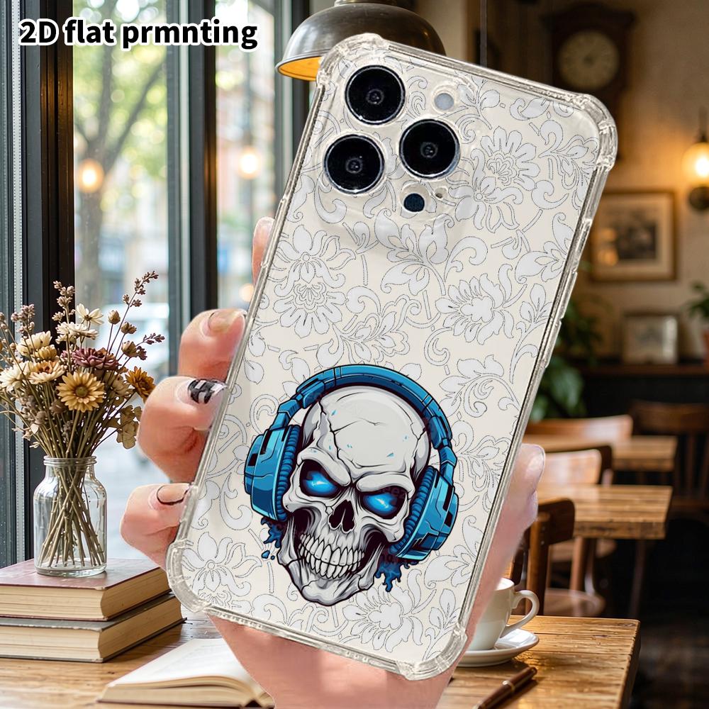 Phone Case: 2D Flat Suitable for iPhone 18 17 16 15 14 13 Pro, Transparent Corner Protection Case, Glowing Skull, Christmas and Halloween Gift