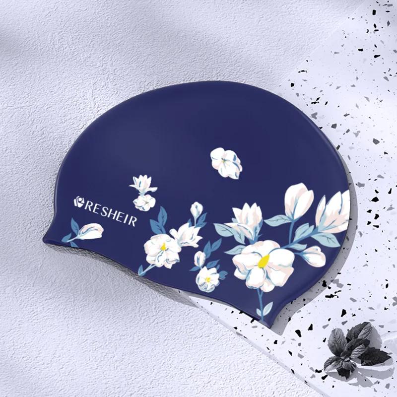 Swim Caps for Women Soft Silicone Swimming Caps Large Size Long Hair Ear Protection Floral Printed Swimming Cap Pool Accessories