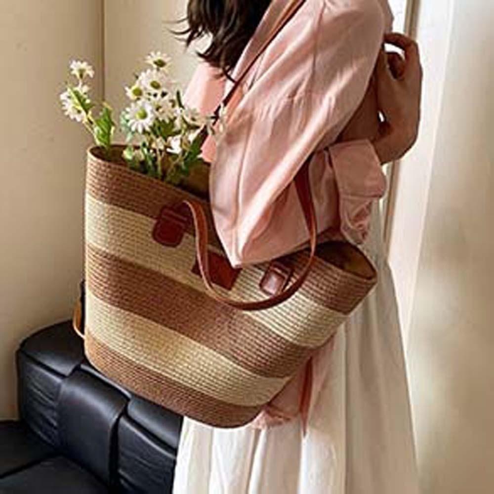 Lightweight Stripe Woven Tote Bag Polyester Summer Beach Handbag Shopping Straw Bag  School