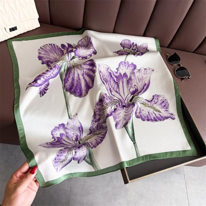 Luxury Brand  Floral Print Square Silk Scarf for Women Hijab Hair Bands 70cm Neckerchief Female Satin Shawl Ribbon Headband