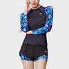 Anta Color Block Printed Logo Round Neck Long Sleeve Pullover Two-Piece Swimsuit Women Swimsuit Black Floral-Blue 1824532492-2