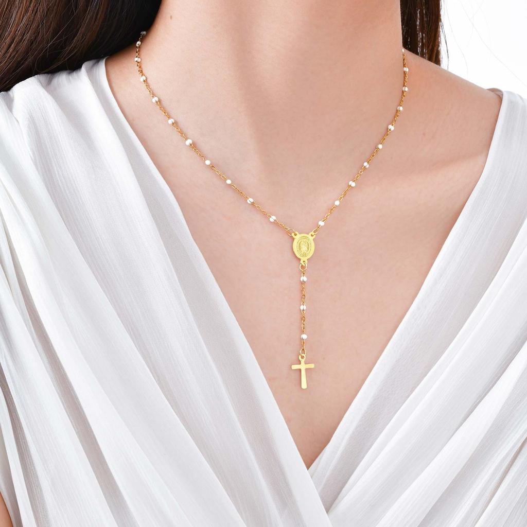 Stainless Steel Rosary Virgin Cross Drop Y-shaped Necklace,Women's White Rice Bead Chain Prayer Necklaces,Exquisite Jewelry Gift