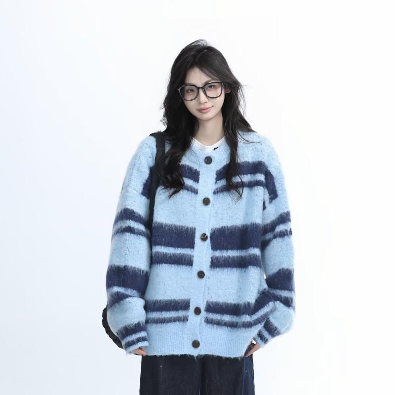 Unisex Oversized Knit Cardigan Sweater Striped Casual Long Sleeve Fall Outerwear Teens