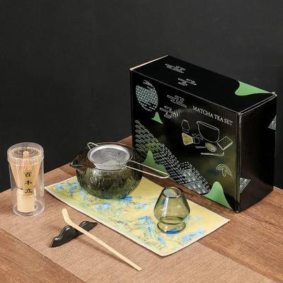 Ensembles Matcha en Verre Martelé Transparent Rond Chawan Porte-Chasen Fouet à Thé en Bambou Culture de la Cérémonie du Thé Traditionnelle Cadeau pour Amoureux