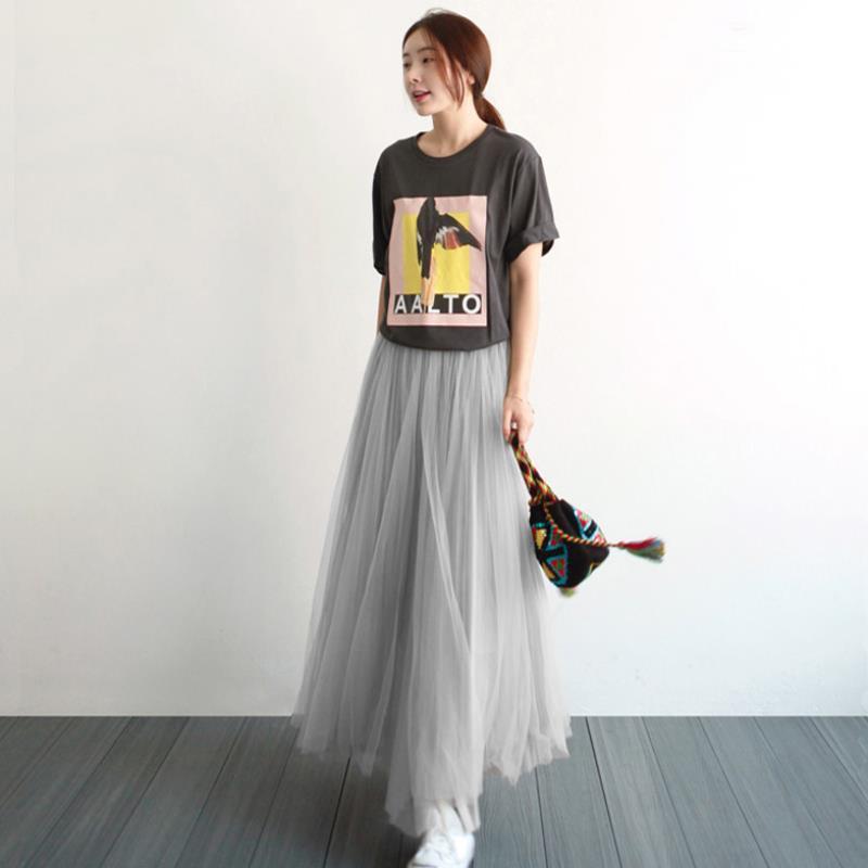 Skirt Mesh Skirt High Waist Female Medium and Long Pleated Thin Black and White Long Skirt Fairy Skirt