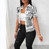 Women Summer Fashion Newspaper Print Button Down V Neck Shirt Blouse