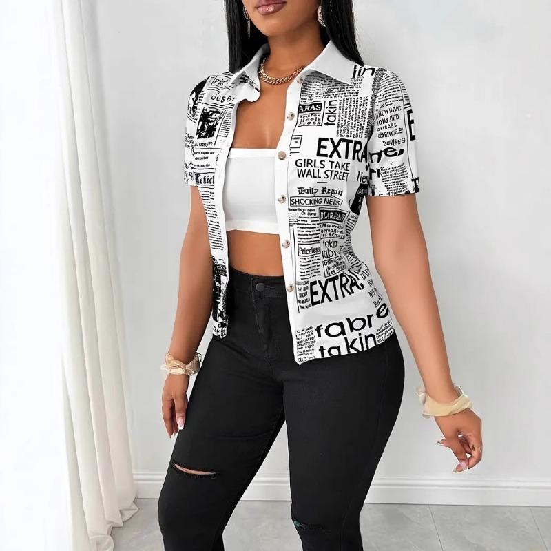 Women Summer Fashion Newspaper Print Button Down V Neck Shirt Blouse