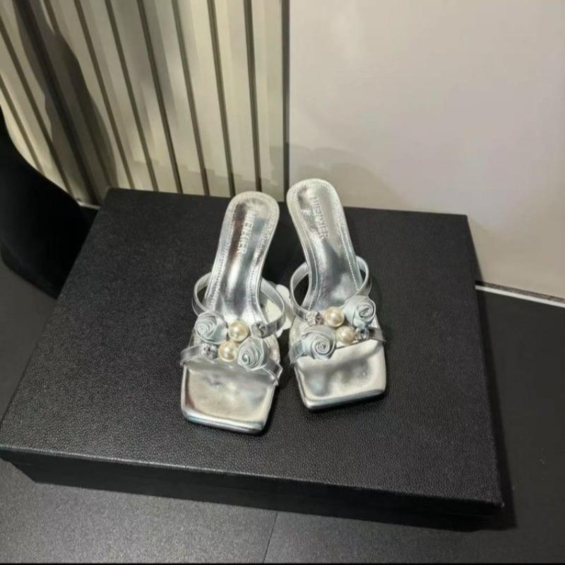 Flower High Heels Slippers Women Sandals Beaded Square Toe Shoes Summer Dress 2025 Sexy Elegant Open Toe Pumps Slides Sandalias