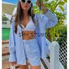 Spring New Women's Clothing Casual Style Lapel Long Sleeves Stripes Shirt 1209140 Loose Stripes Shorts