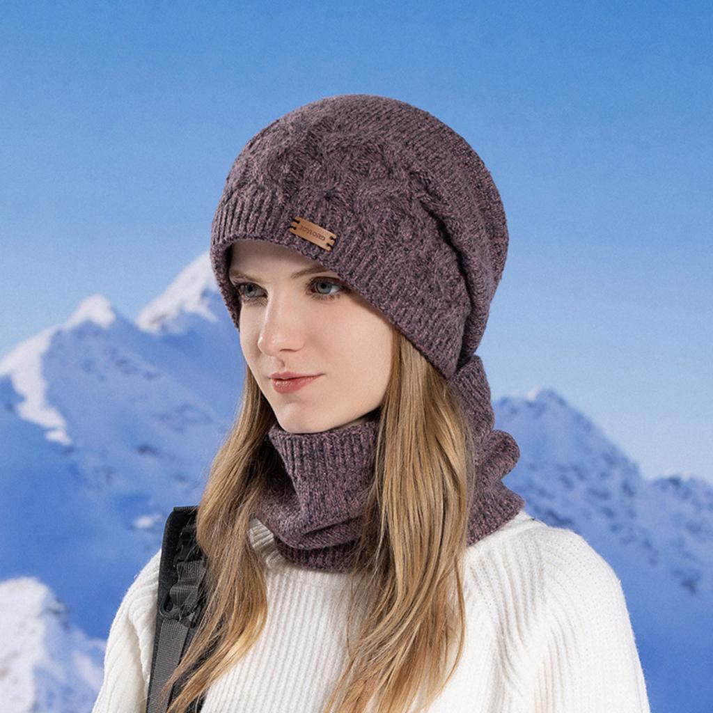 Women's Winter Outdoor Cycling Warm Earm Protective Wool Hat With Fleece Scarf Two-Piece Knitted Hat
