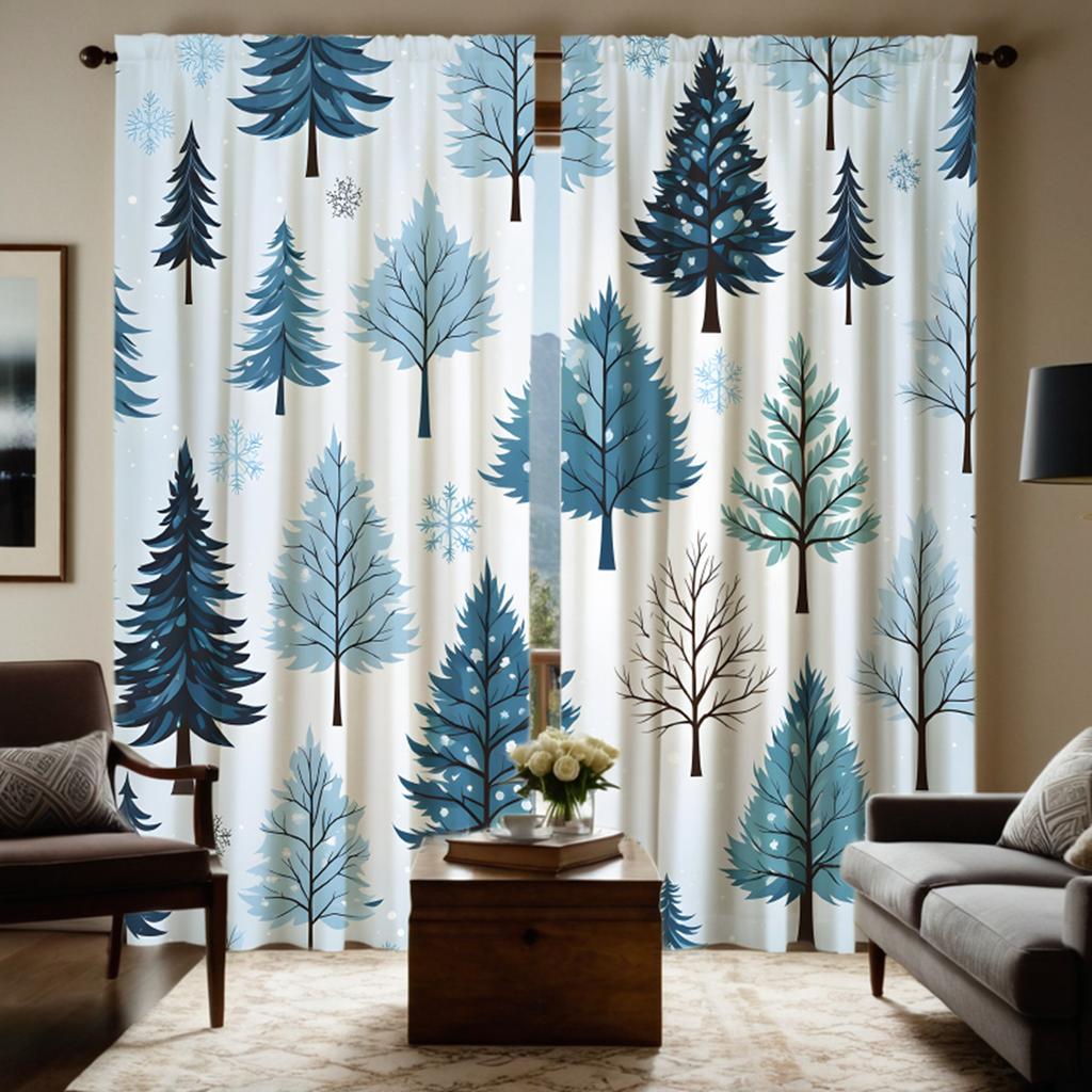 2ks sada HD Vánoční Borovice Sněhová vločka dekorativní závěs Modrá stuha digitálně potištěný závěs Domácí dekorace styl Zdobený livi