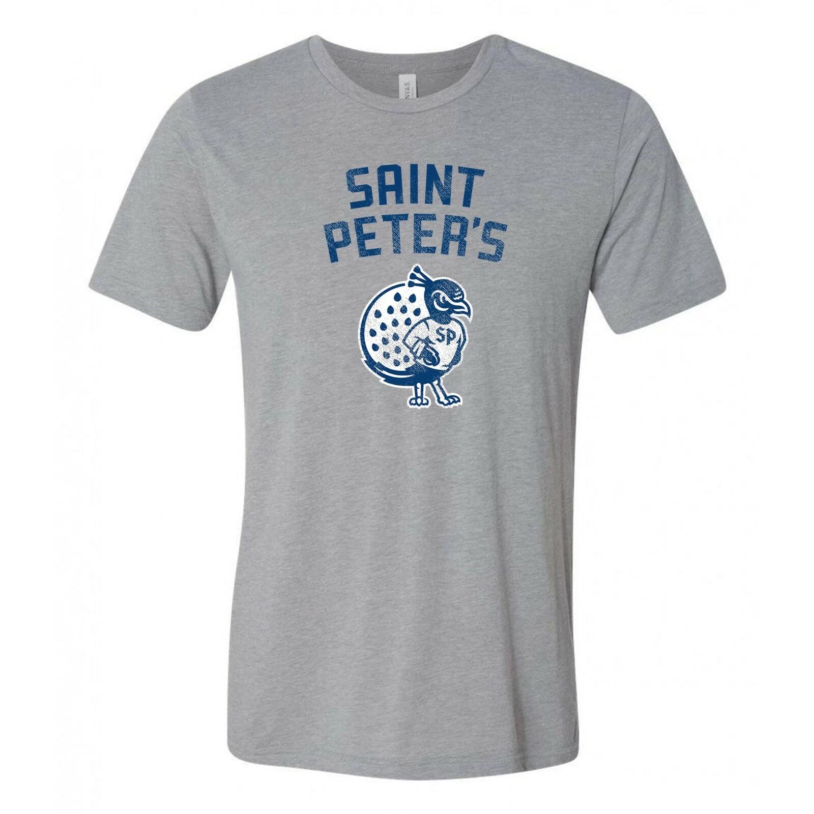 St Peter s University Peacock Mascot Spirit Logo T-Shirt - Athletic Grey 2XL