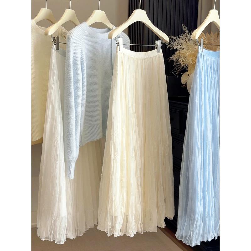 

Super fairy mesh yarn solid color pleated skirt women s spring and summer new high waist and thin A word to cover the hips medium and long skirt one size абрикосовый