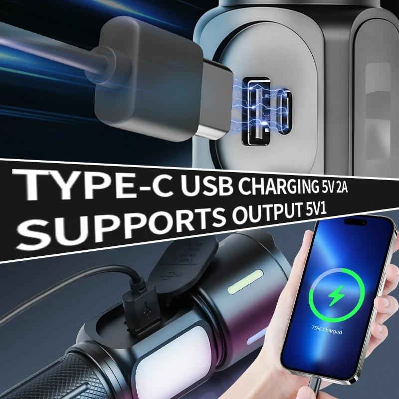 USB Oppladbar Lommelykt COB Sidelys Batteriindikator Teleskopisk Zoom Supersterk for Camping Fotturer Nødlys