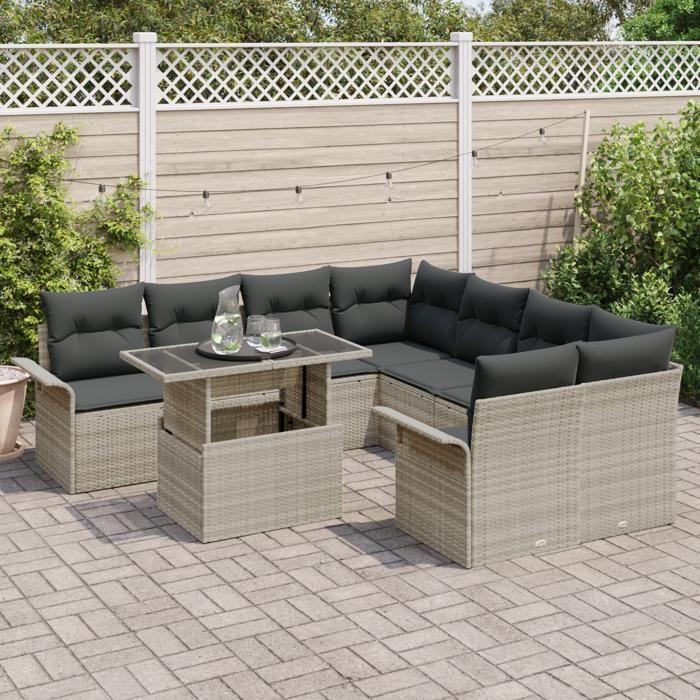 VidaXL Ensemble de Canapé de Jardin 9 Pièces avec Coussins Gris Clair Poly Rattan 3356995
