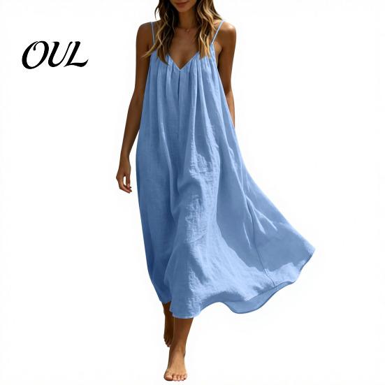 Weiches Stoffkleid Damen Spaghettiträger Strand Sommerkleid, Sommer Ärmellos V Vielseitig Urlaubs Cami-Kleid, Locker Fließend Urlaubs Lang Passform S hellblaue