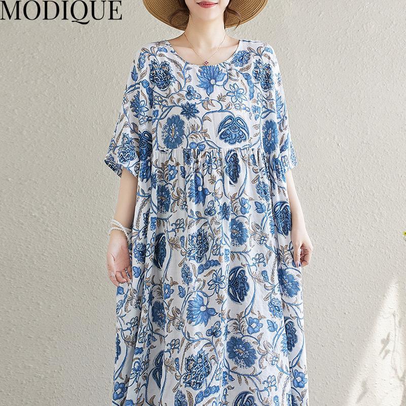 MODIQUE Sommer Übergröße Damen Locker Lässig Kurzarm Baumwolle Verlängerte Länge Druck Lange Kleider Weiblich Übergröße Kurzarm O-Ausschnitt Kleider Blau