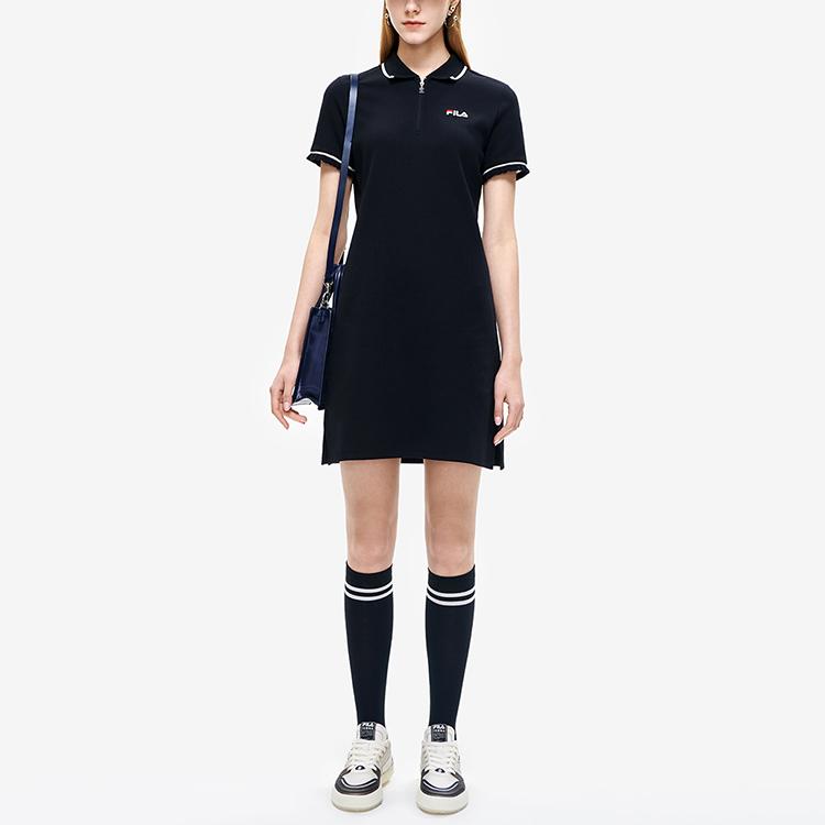 Fila Solid Color Casual Sports Polo Dress Women Dresses Black F11W228301FBK
