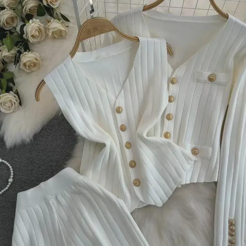 Spring & Autumn Long-Sleeve Knit Sweater with Split Wide-Leg Pants Two-Piece Set