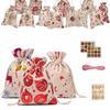24pcs Linen Christmas Gift Bags with Gilded Christmas Patterns Chocolate Candy Packaging Gift Bags Drawstring Bags