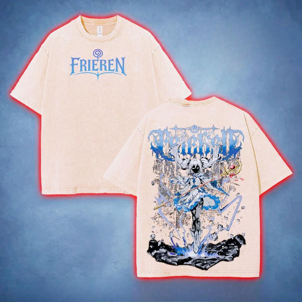 Anime Frieren T Shirt Vintage Washed Oversized T-shirt Men Women Clothing Summer Short Sleeve Pure Cotton Tee Tops