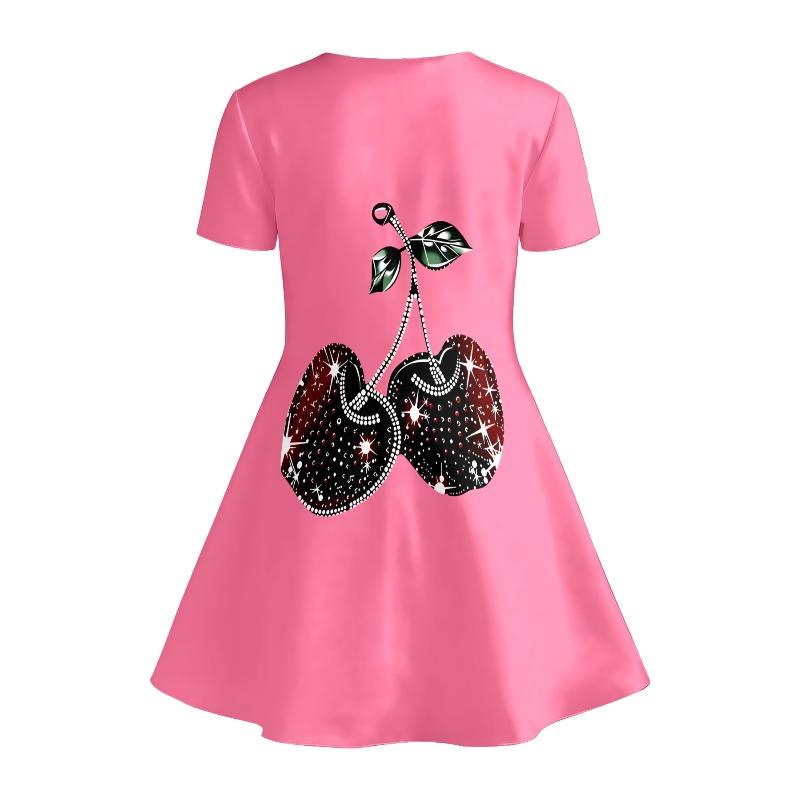 Little Girls Cute Bright Butterfly Cherry Leopard Bow Print Round Neck Short Sleeve A-Line Kids Summer Swing Dress