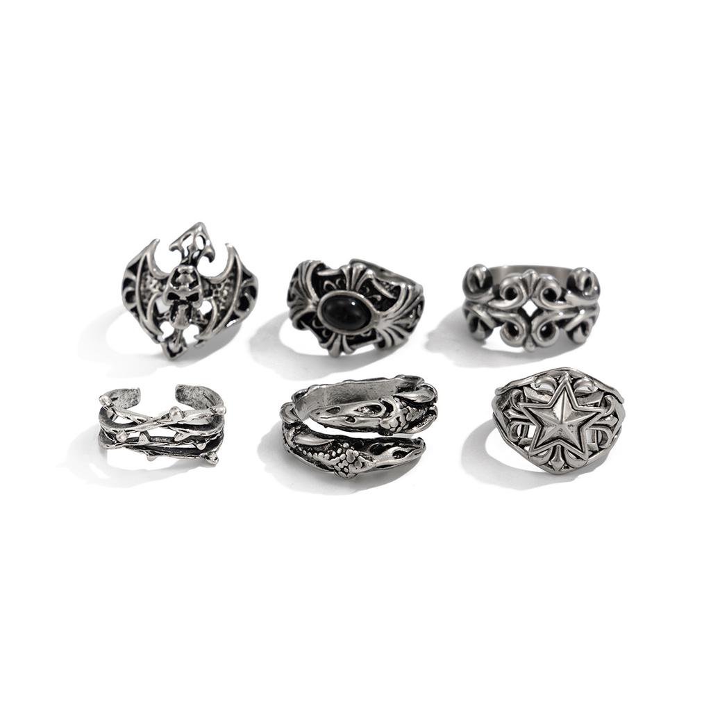 6Pcs Antique Silver Open Ring Set Male, Hip Hop Diablo Exaggerated Ring Accessories Gift