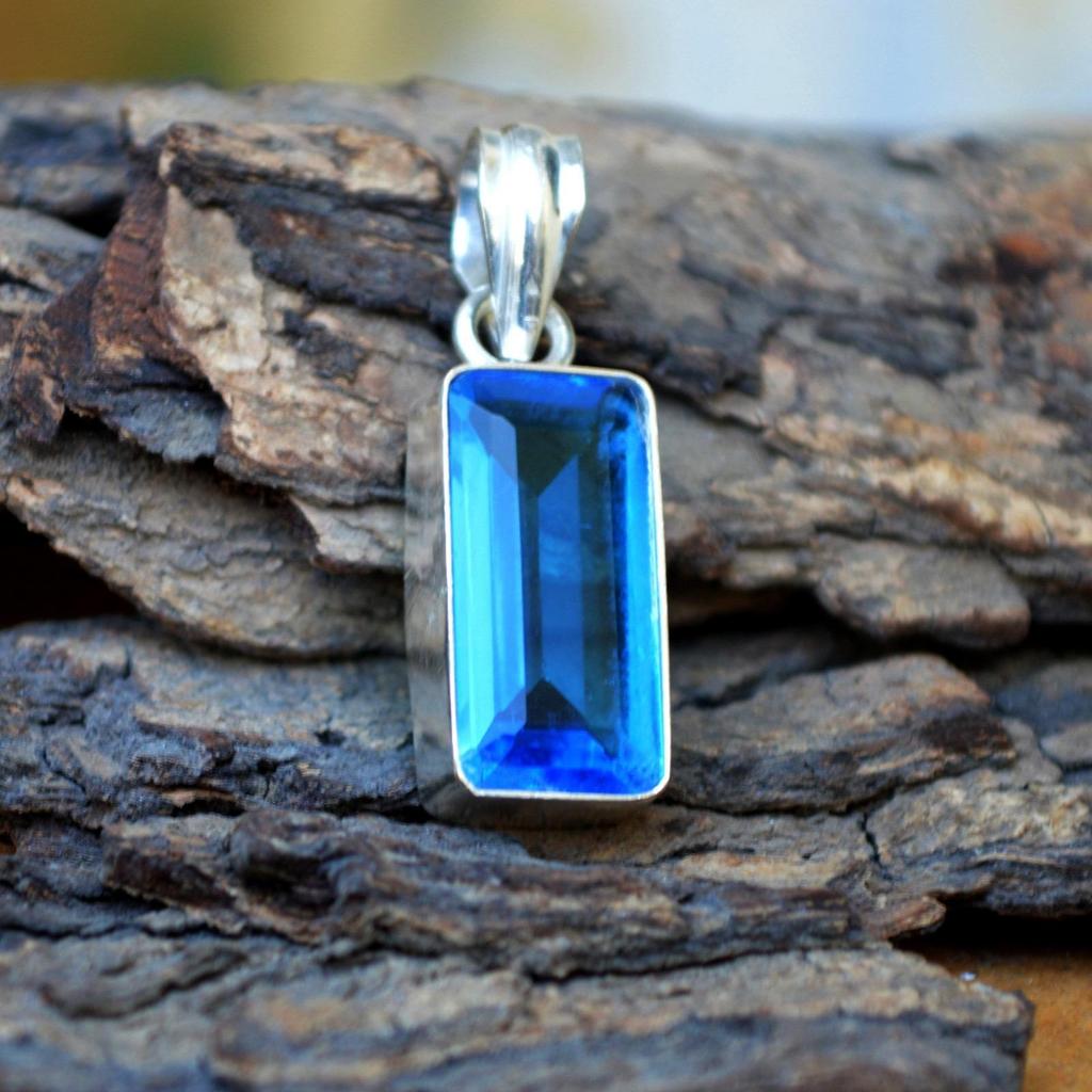 Emerald Cut Blue Quartz Gemstone 925 Sterling Silver Gift Pendant