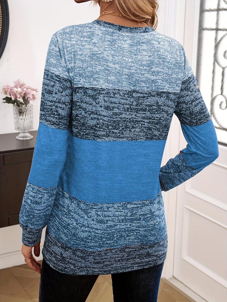 2024 Women's Color Block Printed Button Long-Sleeve Round Neck T-Shirt - Spring/Autumn Collection