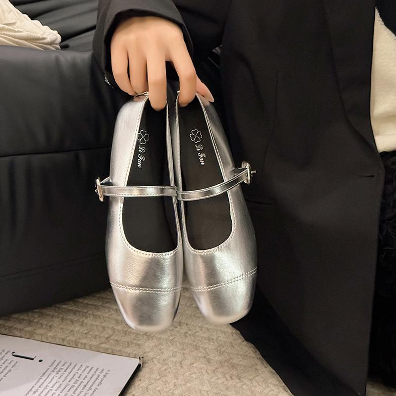 Fashion Silvery Women Mary Jane Shoes Fashion Square Toe Belt Buckle 2025 Spring Autumn Elegant Low Heel Female Shoes