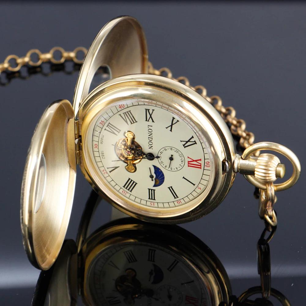 Reloj de Bolsillo Mecánico Antiguo de Lujo con Fase Lunar(12/24 Horas) Relojes Tourbillon de Cobre Puro de Cuerda Manual Para Hombres Mujeres