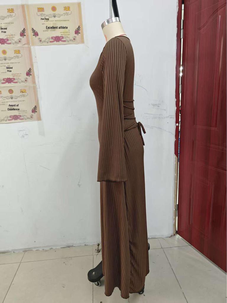 Women's Solid Color Stripe U-neck Long Sleeve Lace-up Dress