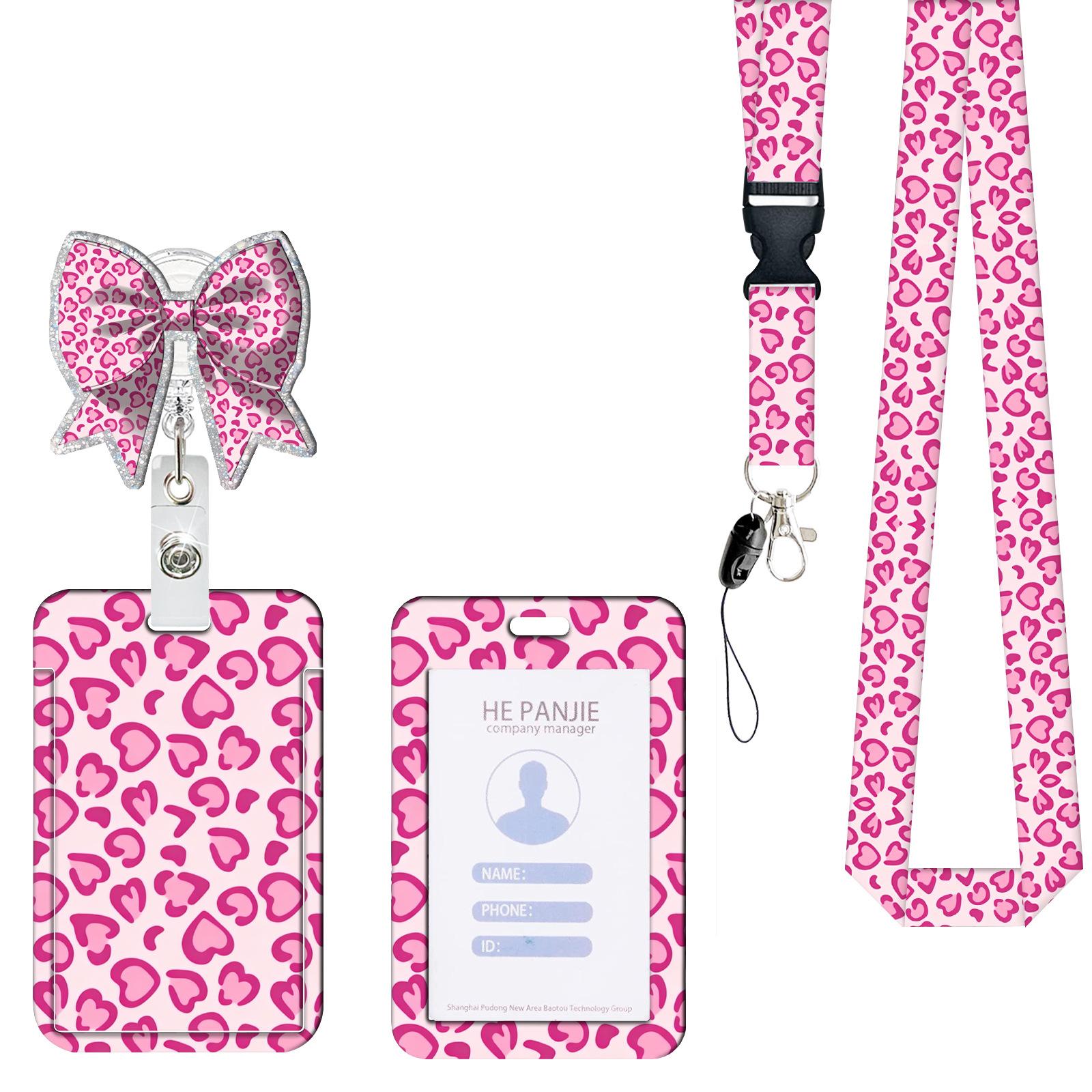 

Leopard Print Lanyard Card Holder Retractable Badge Reel Heart Rainbow ID Badge Holder Bow Knot Badge Reel for Teacher Nurse рожевий