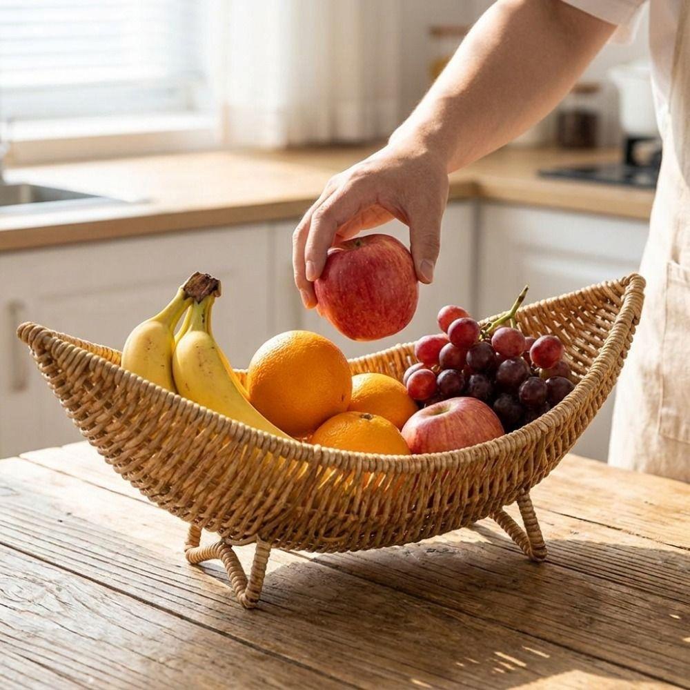 Große Kapazität Kunststoff Handgeflochtener Korb Feuchtigkeitsdicht Rustikaler Obst-Brotkorb Hohl Entwässernd Camping Tablett Picknick Verwendung