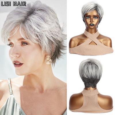Perruques synthétiques mixtes gris noir, perruques naturelles courtes et lisses résistantes à la chaleur pour tenue de femme