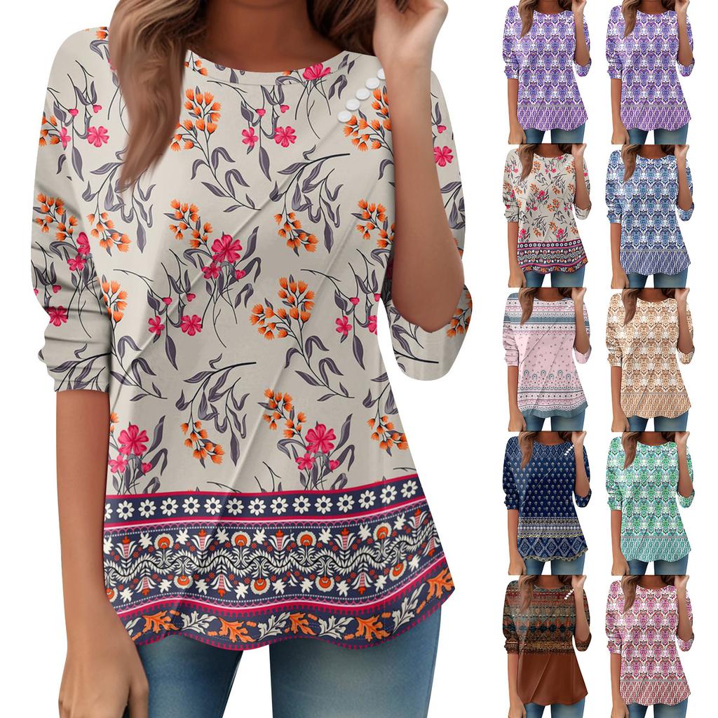 Women's Loose Casual Long Sleeve Top Round Neck Button Pull Stripe Prints T Shirt