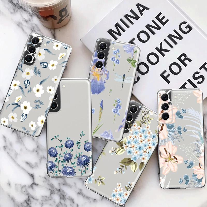 Blue Flower Dragonfly Clear Case For Samsung Galaxy S23 S22 S21 S20 Fe Ultra S10 S9 S8 Plus 10e S10lite Note 10plus 20ultra