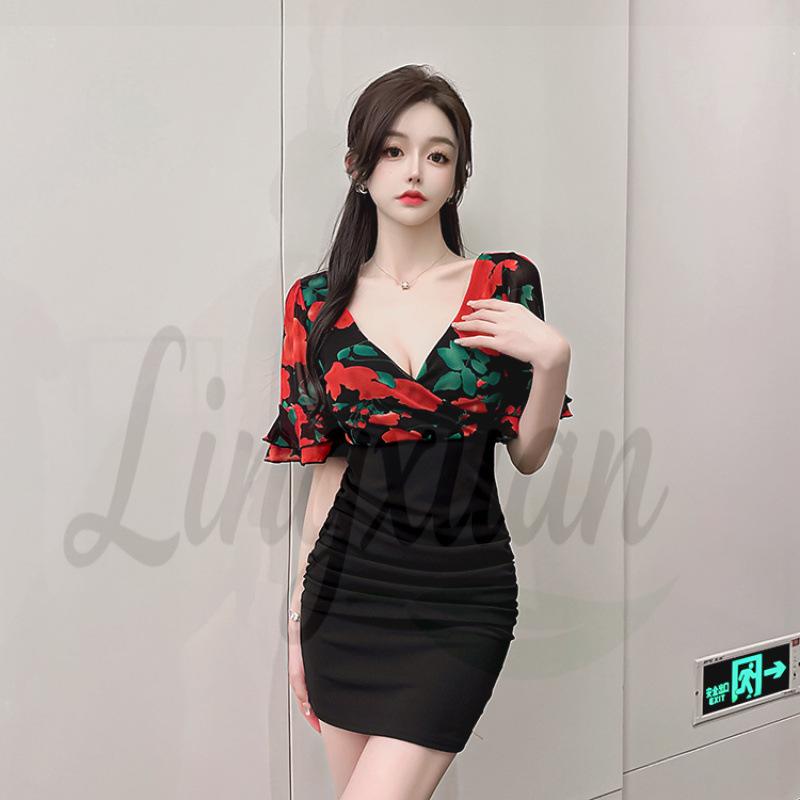 Sexy Mesh Patchwork V-neck Bodycon Mini Dress Small цветочный