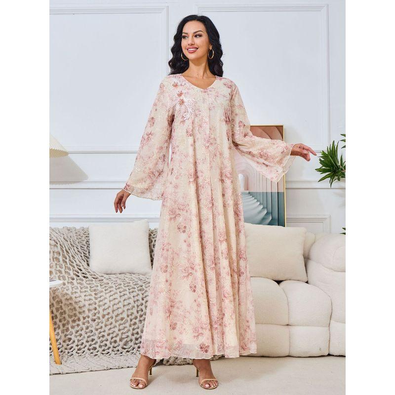 2025 Middle East Women clothes Morocco Long sleeve New Print Sequins Big Hemline Arabic Robe Dress Dress