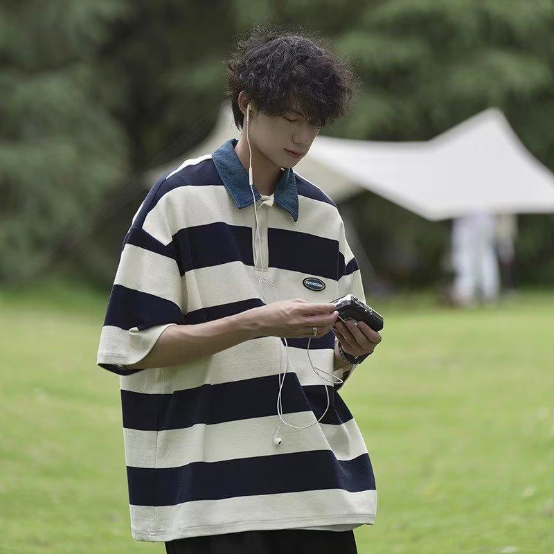 Koszulka polo w amerykańskim stylu retro w paski unisex – letni luźny krój, styl uniwersytecki, krótki rękaw dla modnych par
